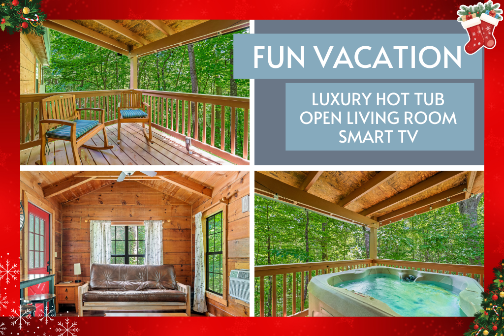 Enjoy a fun mountain escape with a private hot tub, open living room, and smart TV. Relax after hiking or exploring.