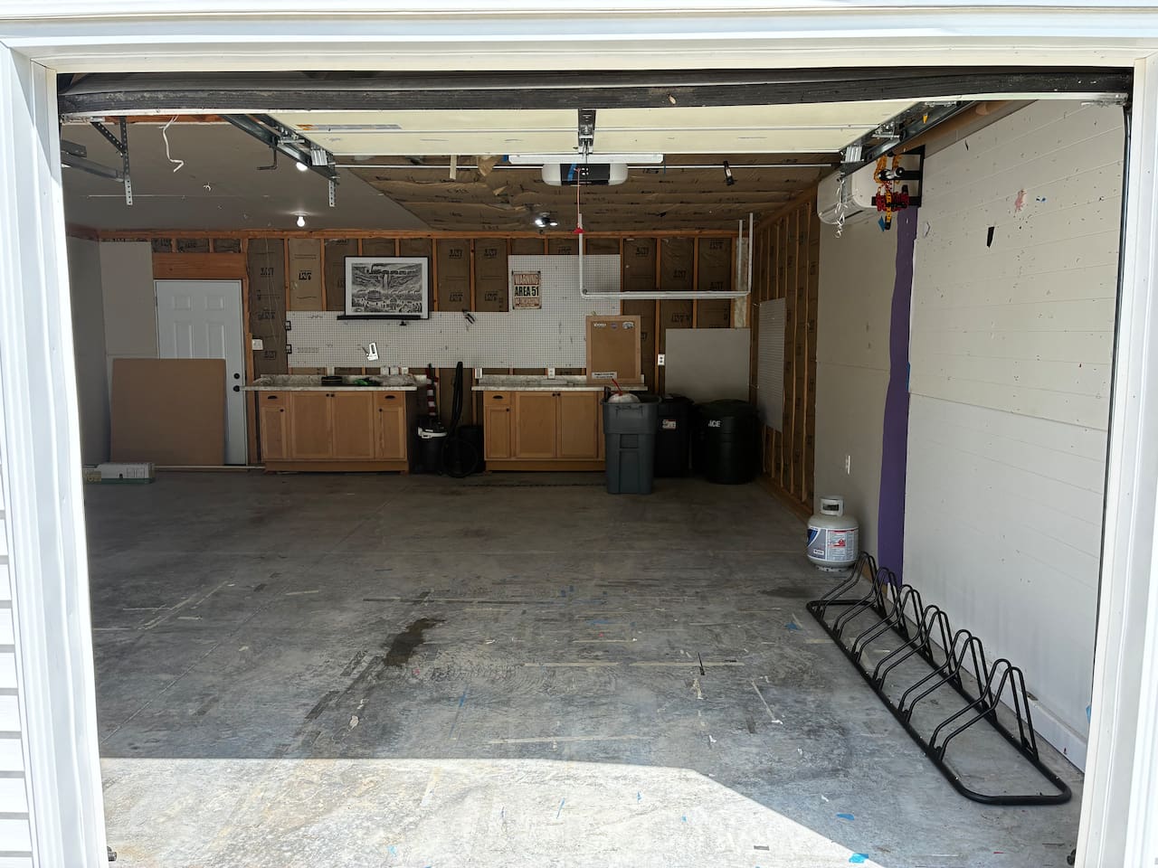 two car garage with 6 space bike stand.