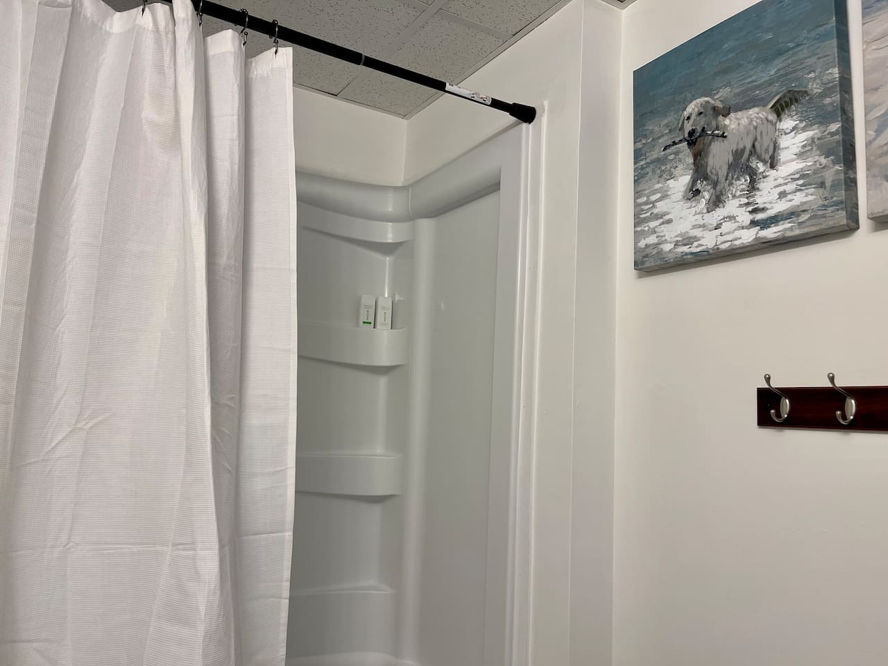 Bright, clean shower with playful beach dog art and hooks for towels—simple, fresh, and fun.