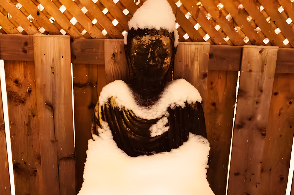Buddha hiding in the snow at the Peterborough ZEN Retreat. 
