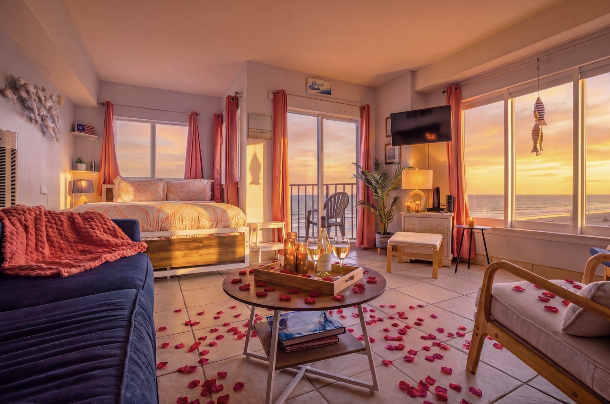 Sunrise Suite is a serene oceanfront studio designed for slow mornings, soft light, and romantic coastal escapes. Wake up in a queen bed with calming blue tones and large windows that let the sunrise pour in — intimate, elevated, and peaceful. ⭐