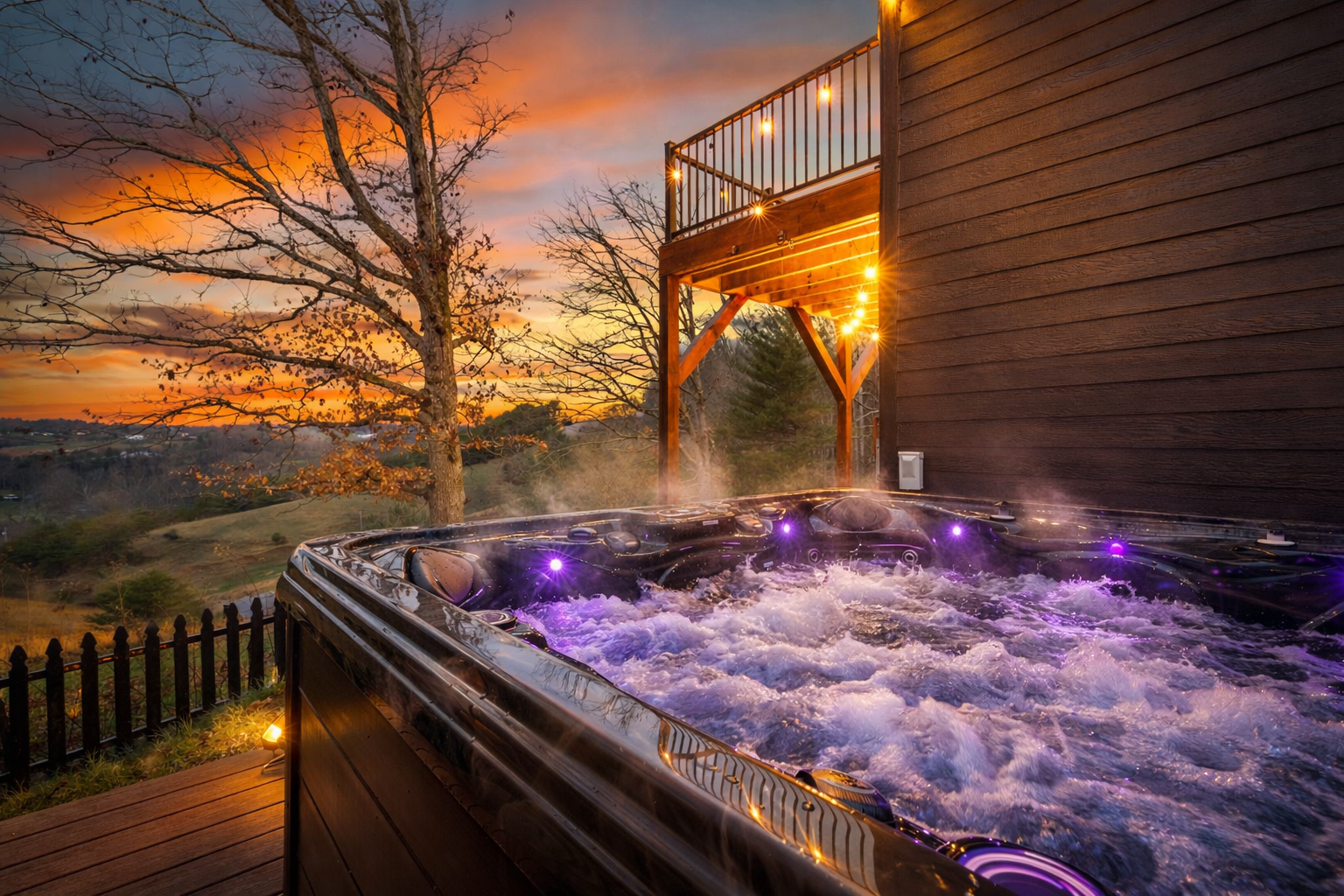 {Hot Tub Deck} Slip into the 6-person hot tub as the sky turns gold, jets bubbling while the mountains fade into dusk — the kind of evening that stretches longer than planned.