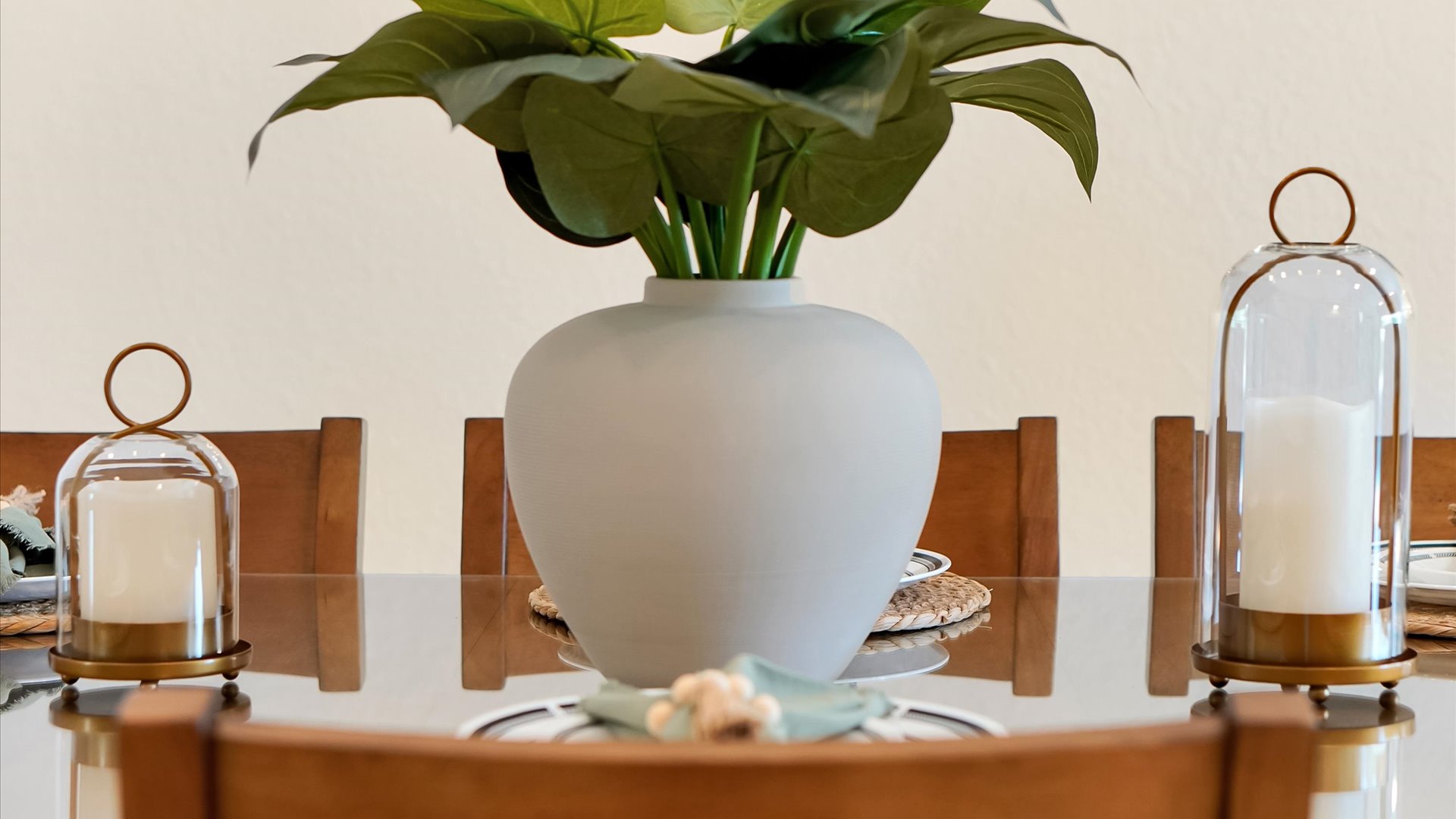 Dining Room Detail: Thoughtful natural textures and elegant tabletop décor create a welcoming place to gather.