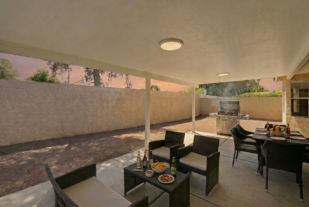 Covered patio and BBQ area with outdoor dining. Awesome for families, friends, remote workers, business acquaintances. So quiet and peaceful, relax from a long day of travel or activities. 