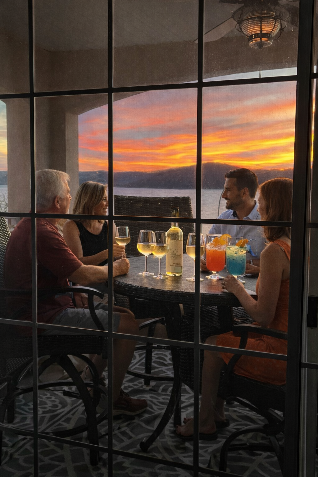 Sunset drinks on the balcony 🌅🍷 — the perfect place to unwind and take in the lake views.