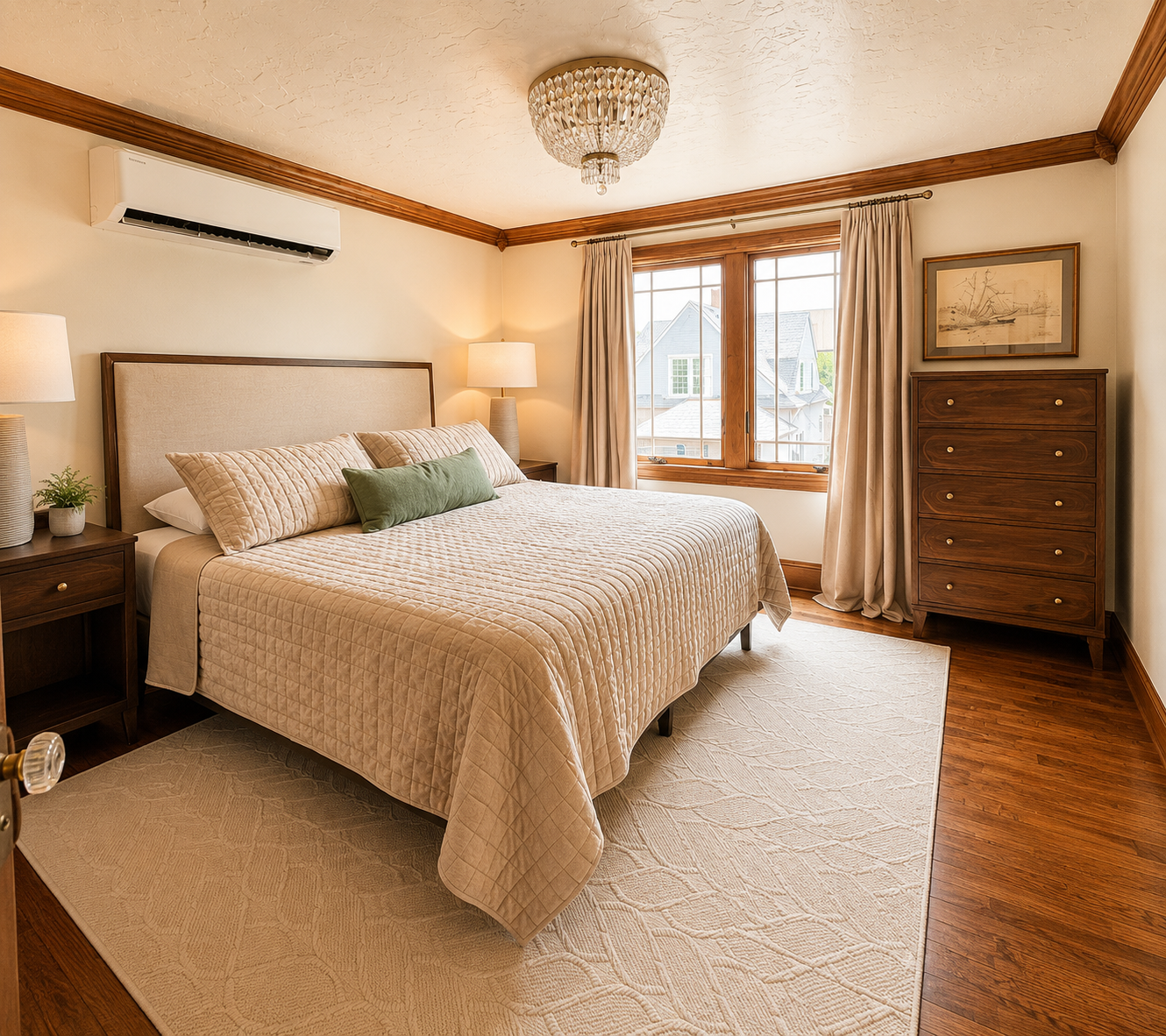 Unwind in this beautifully appointed upstairs bedroom designed for comfort and relaxation. Featuring a California split king-size bed with premium linens, soft neutral tones, and warm wood furnishings.