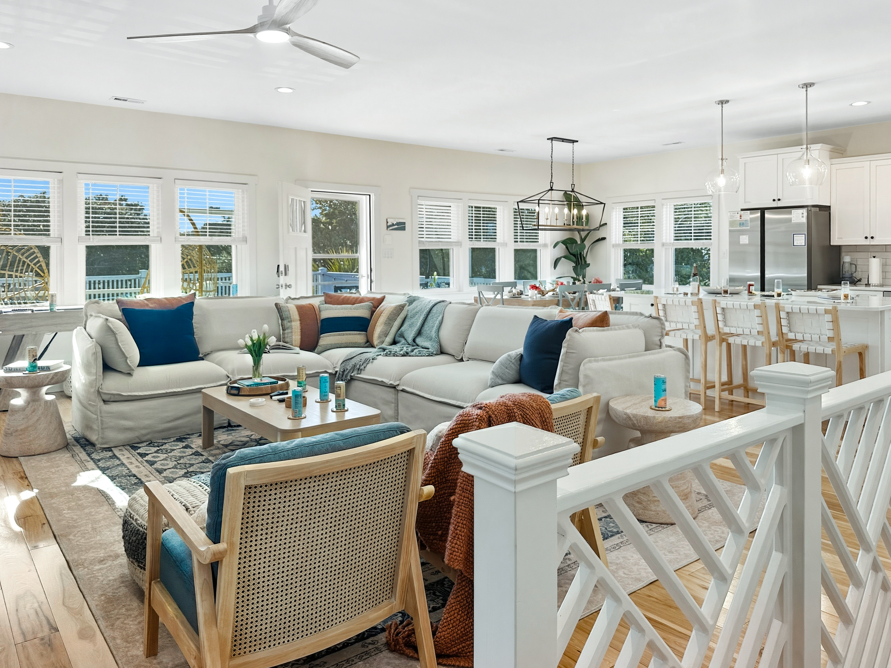 The lovely open living room has lots of space and light.