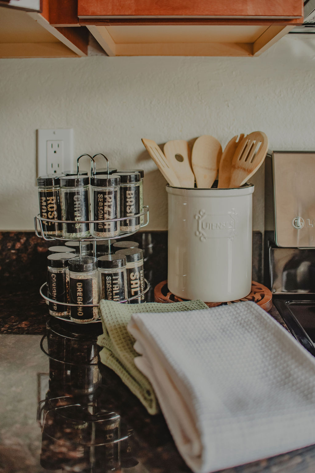 Stocked with kitchen essentials, including spices and cooking basics