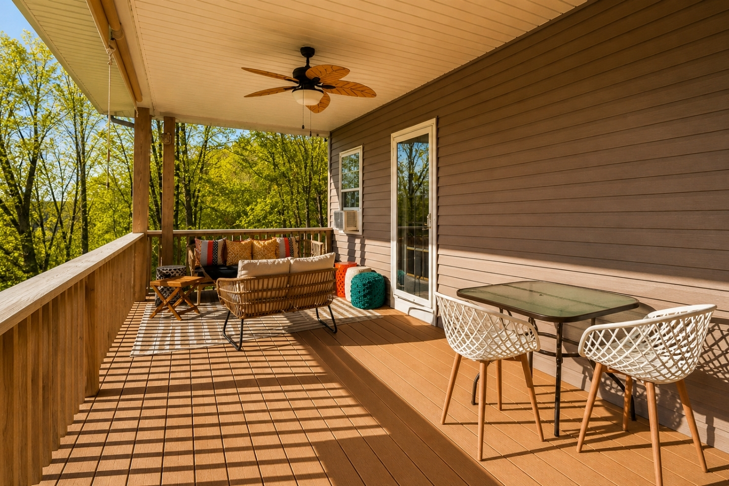 Relax on this inviting deck featuring stylish outdoor furniture and lush surroundings, ideal for enjoying peaceful moments or hosting lively gatherings.