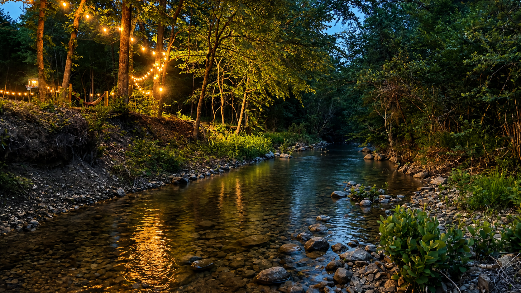 Serene Streamside Retreat: Enjoy twinkling lights and nature's beauty by the tranquil waters.