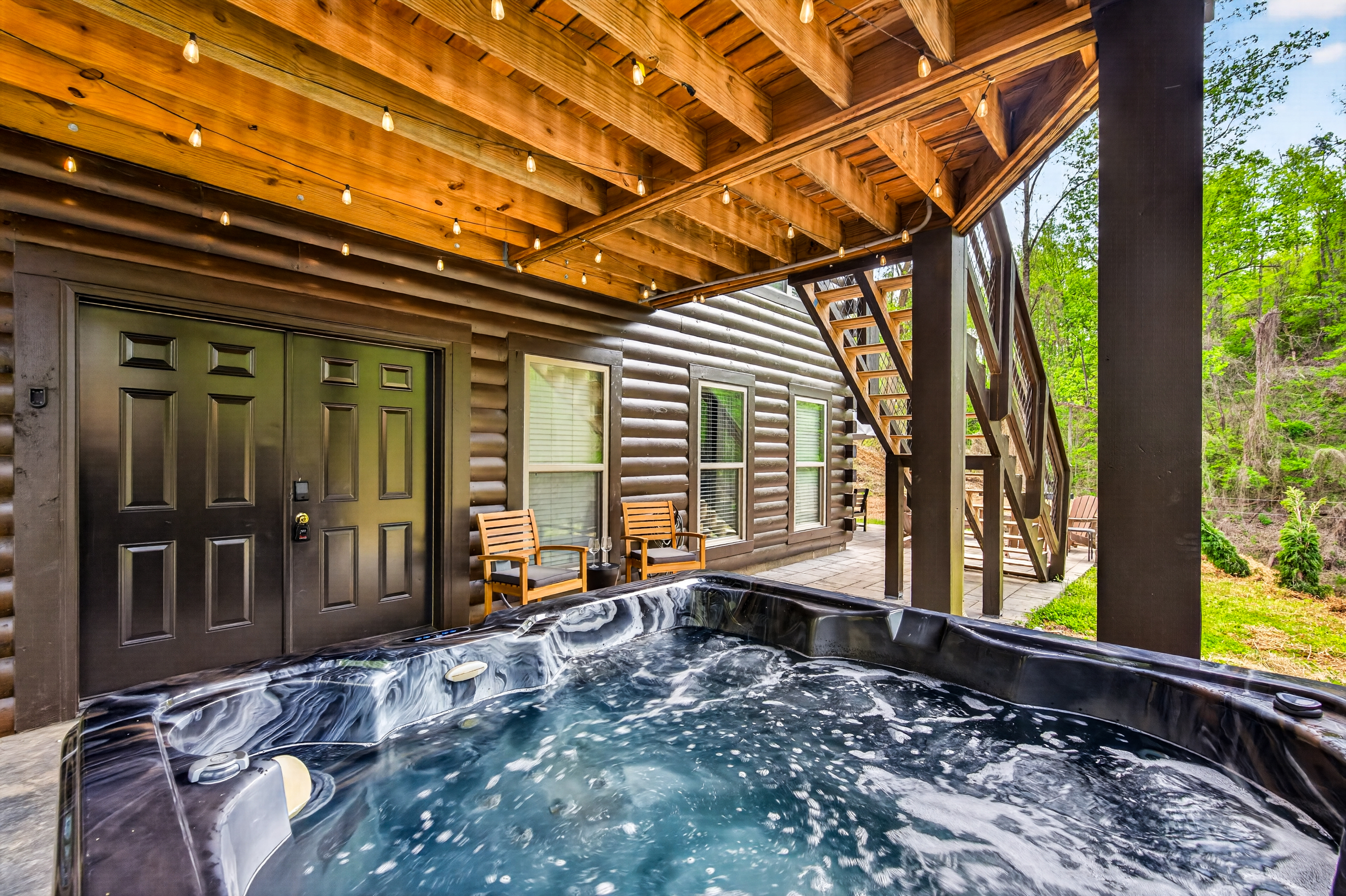 Hot tub off main downstairs entrance. Drained, cleaned, sanitized and refilled after each guest stay.
