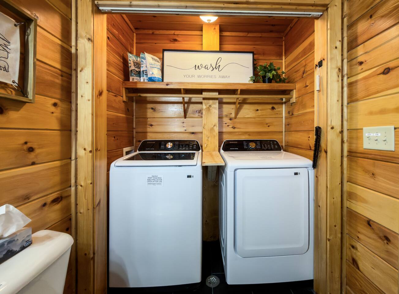 Laundry room in the half bathroom on the main-level, we use only fragrance-free non-toxic laundry detergents on our linens and towels.