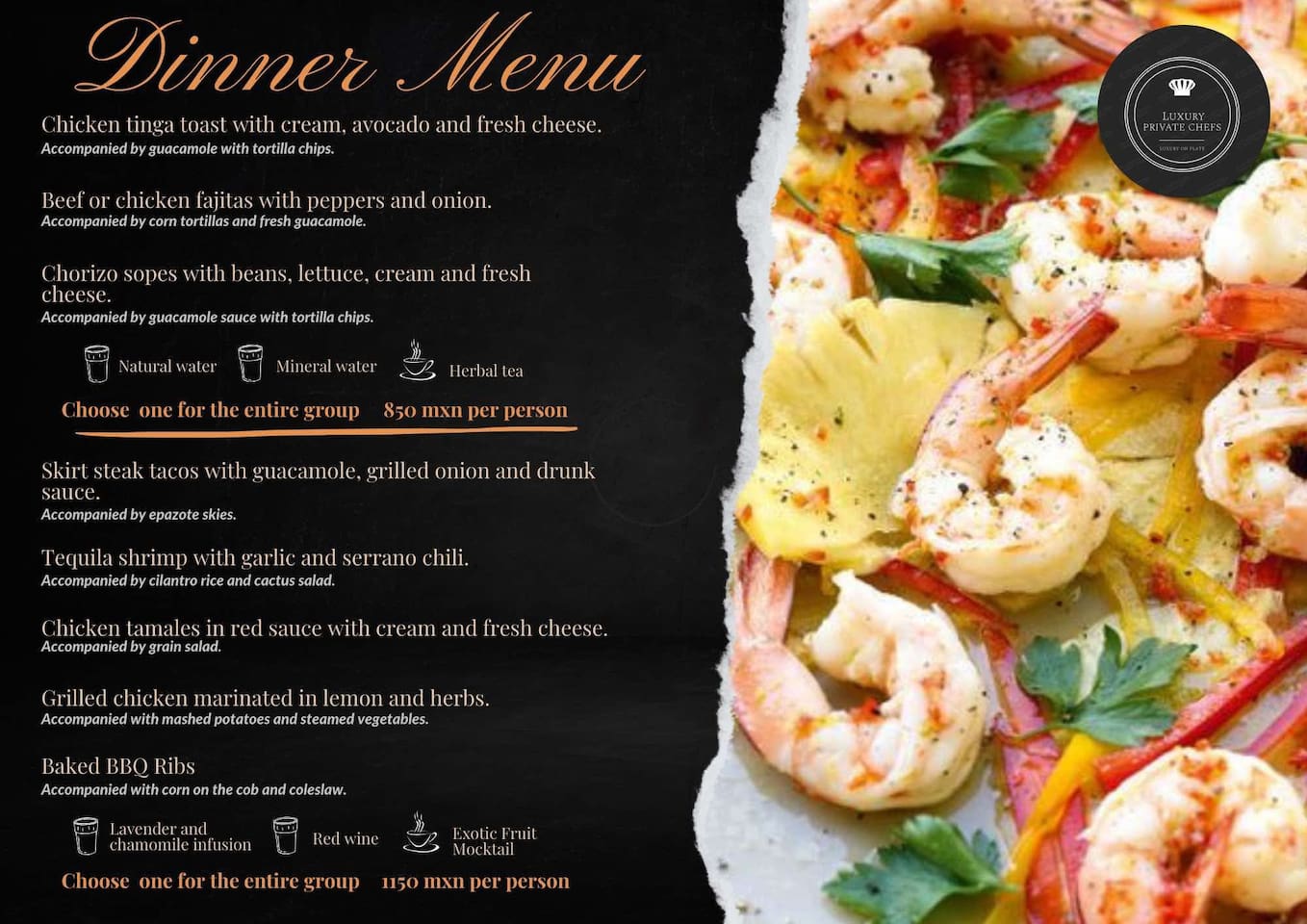 Experience the luxury of a private chef coming to you. Enjoy a customizable menu tailored to your preferences. A minimum of 4 guests is required. Pricing will be discussed directly with the chef. $50-$100 USD per person 