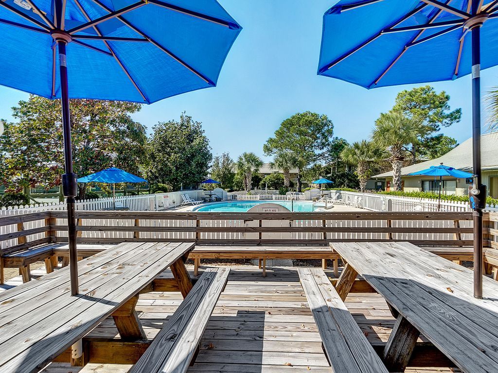 Shaded picnic tables by the pool