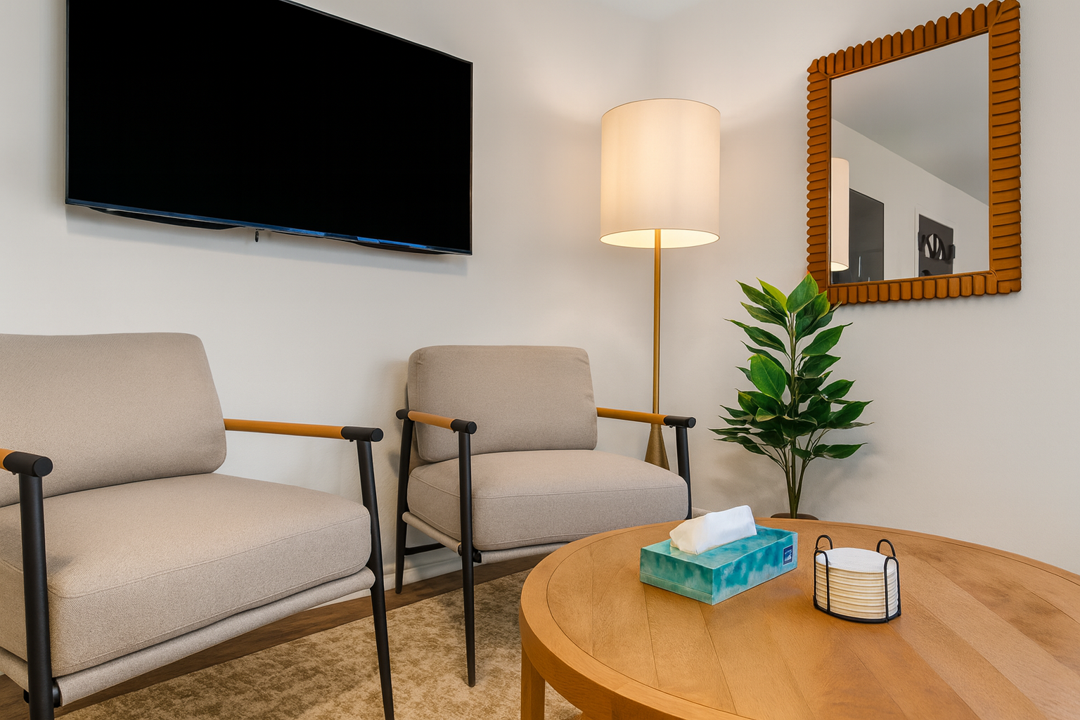 Cozy sitting area with modern armchairs, smart TV, and warm lighting—perfect for relaxing with a cup of coffee or unwinding after a day out.