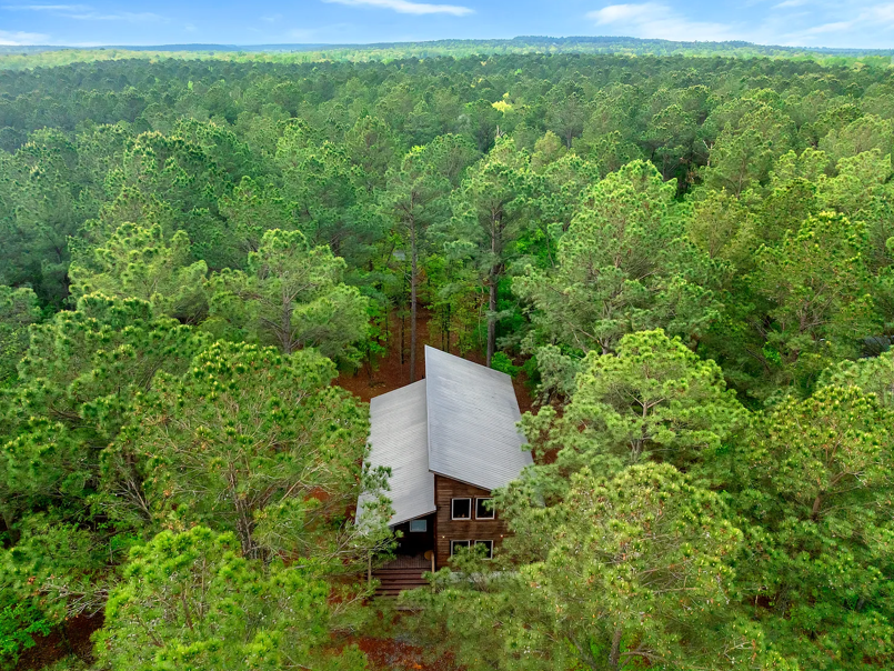 Aerial forest view showcasing the cabin’s secluded natural setting