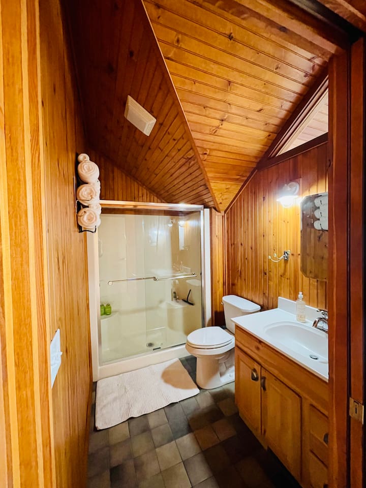 Bathroom with walk-in shower and warm wood cabin design.
