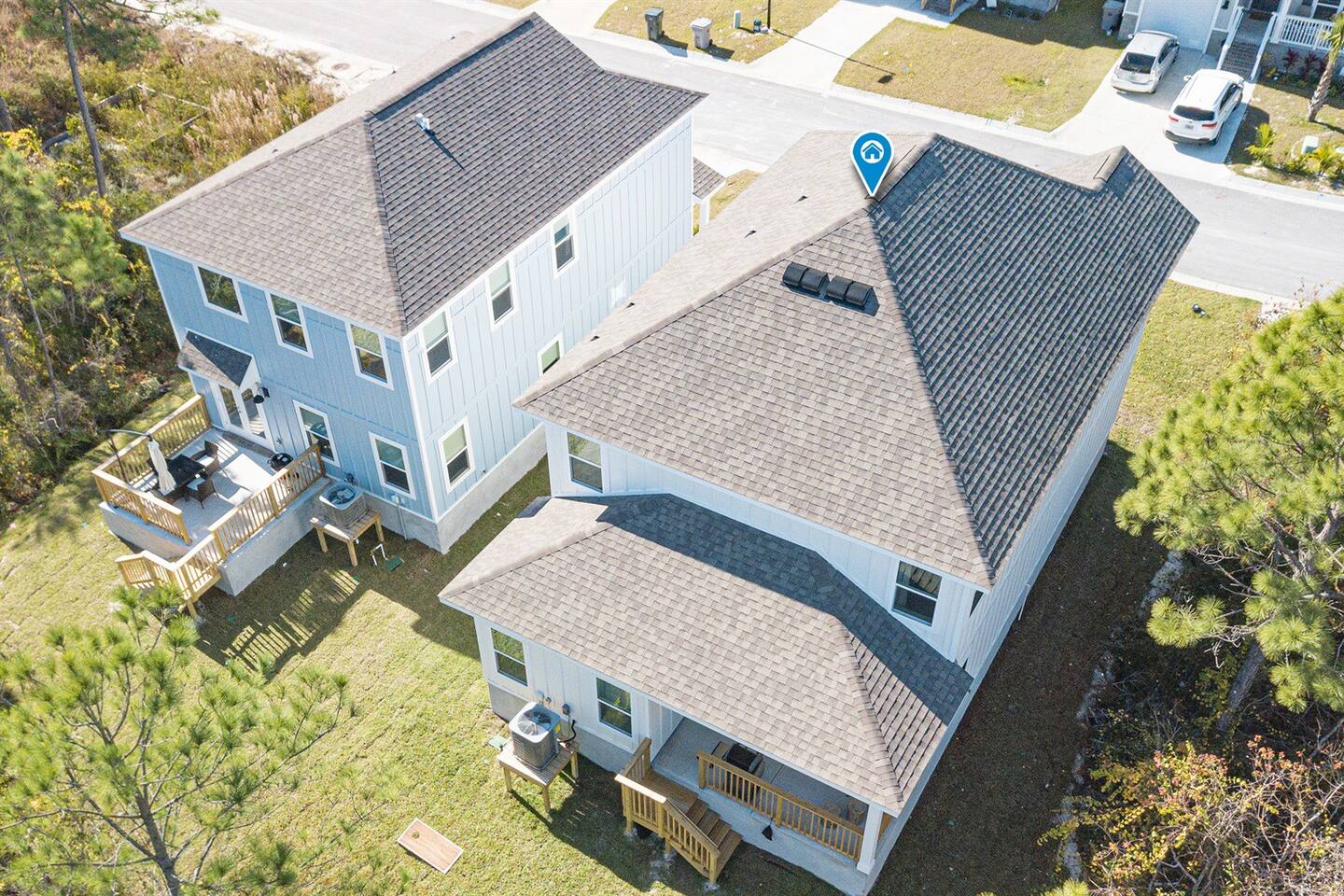 An aerial shot of our cozy home