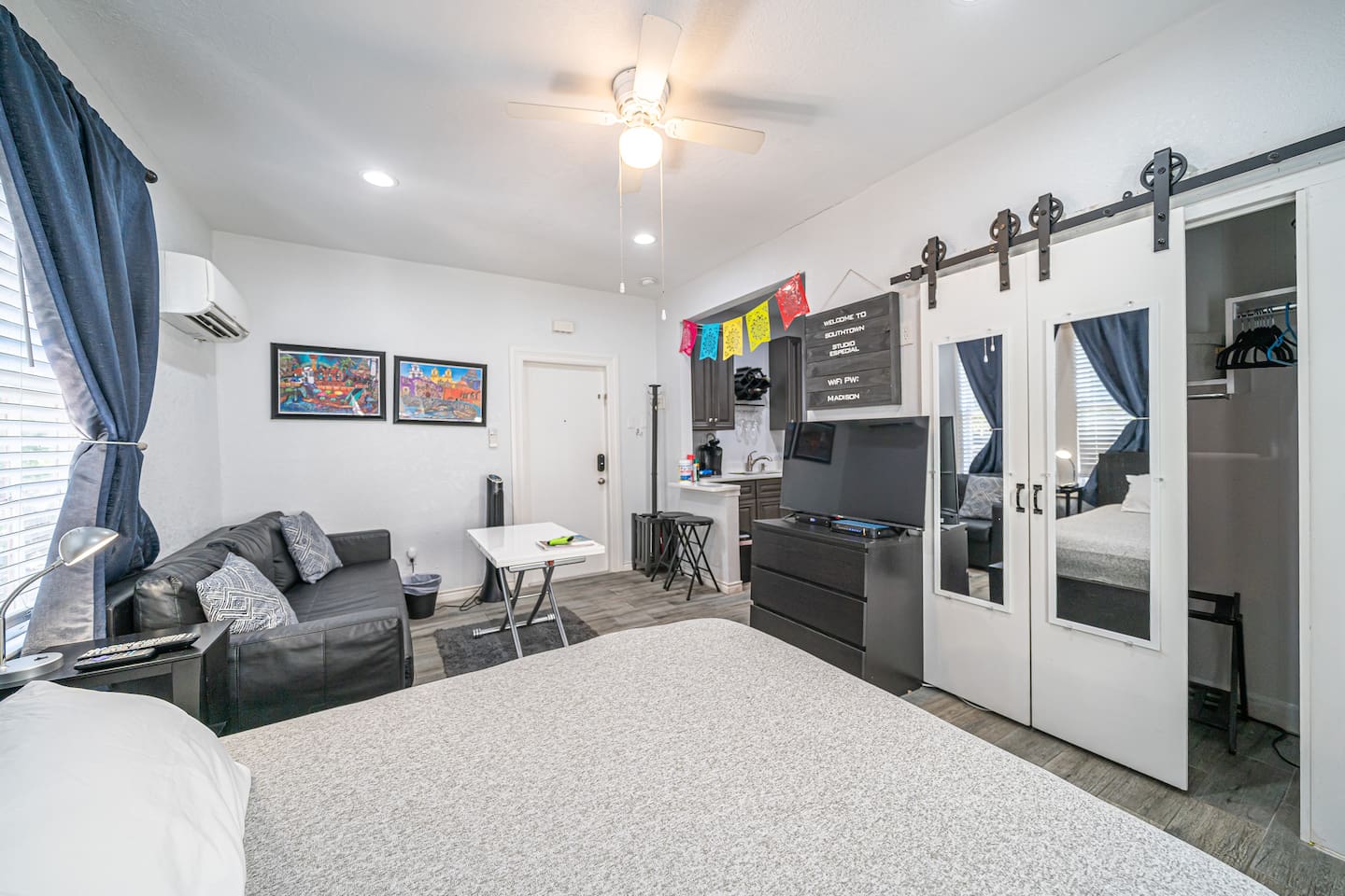 Closet, Kitchen and living room view