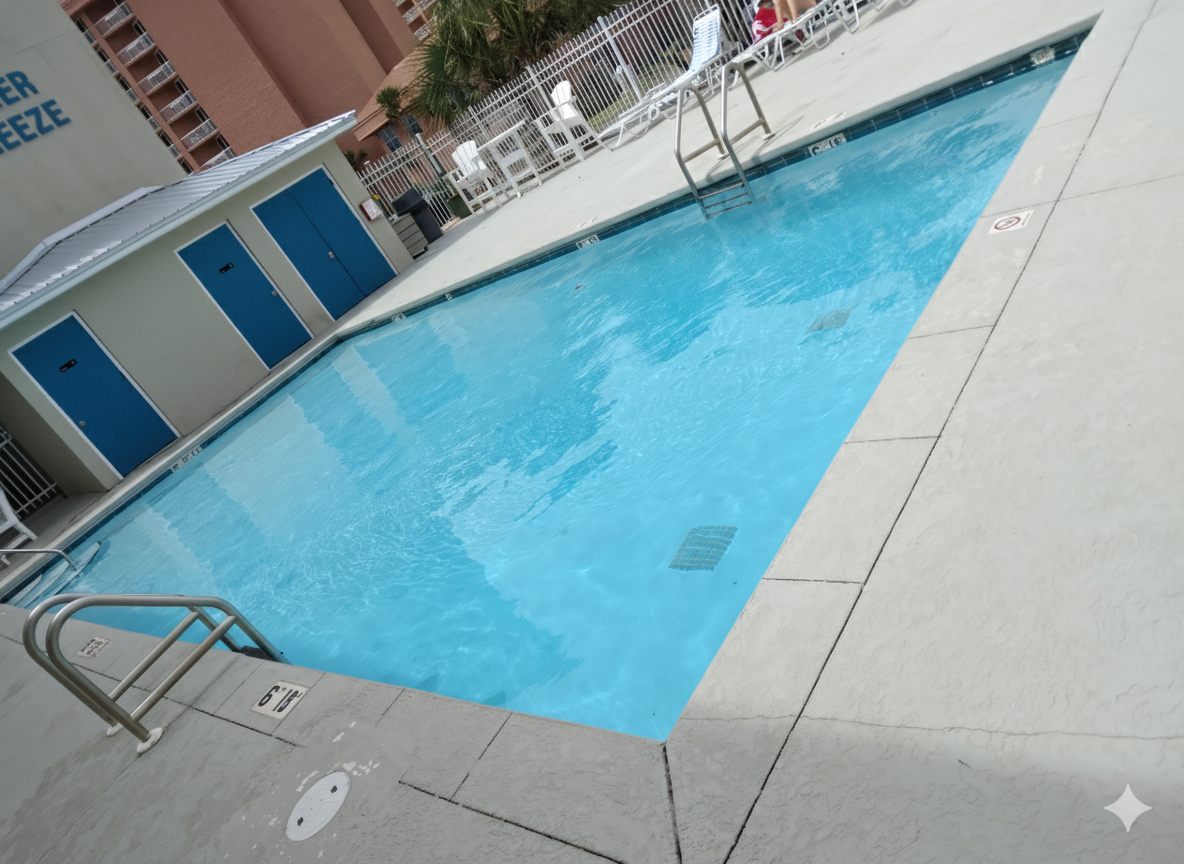 Dip your toes in and unwind! Our inviting communal pool at Summer Breeze Condominiums offers the perfect spot to relax, refresh, and soak up the sun. Ample loungers provide comfort for all gue