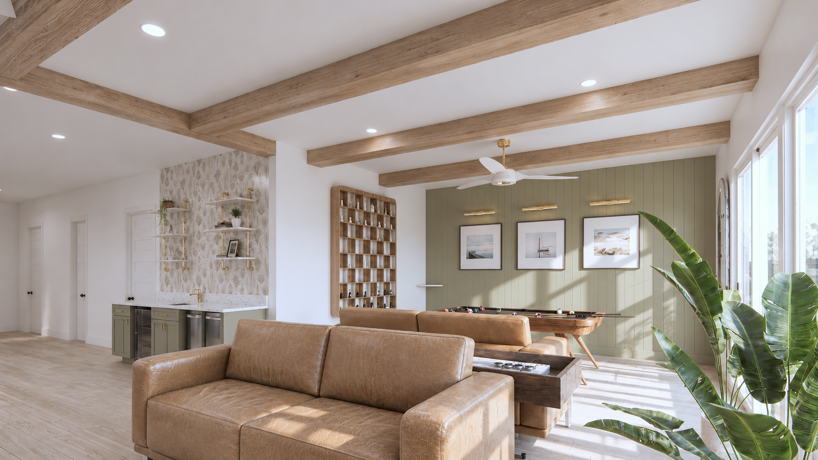 Game Room featuring a Pool Table, Custom-Glass Ping Pong, Shuffleboard, Foosball, and Arcade Games | Rendering 
