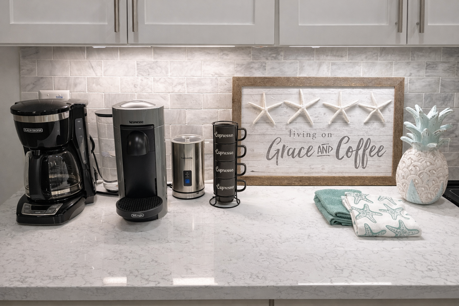 Coffee and tea station with nexpresso maker, kettle, and milk frother for your morning wakeup!