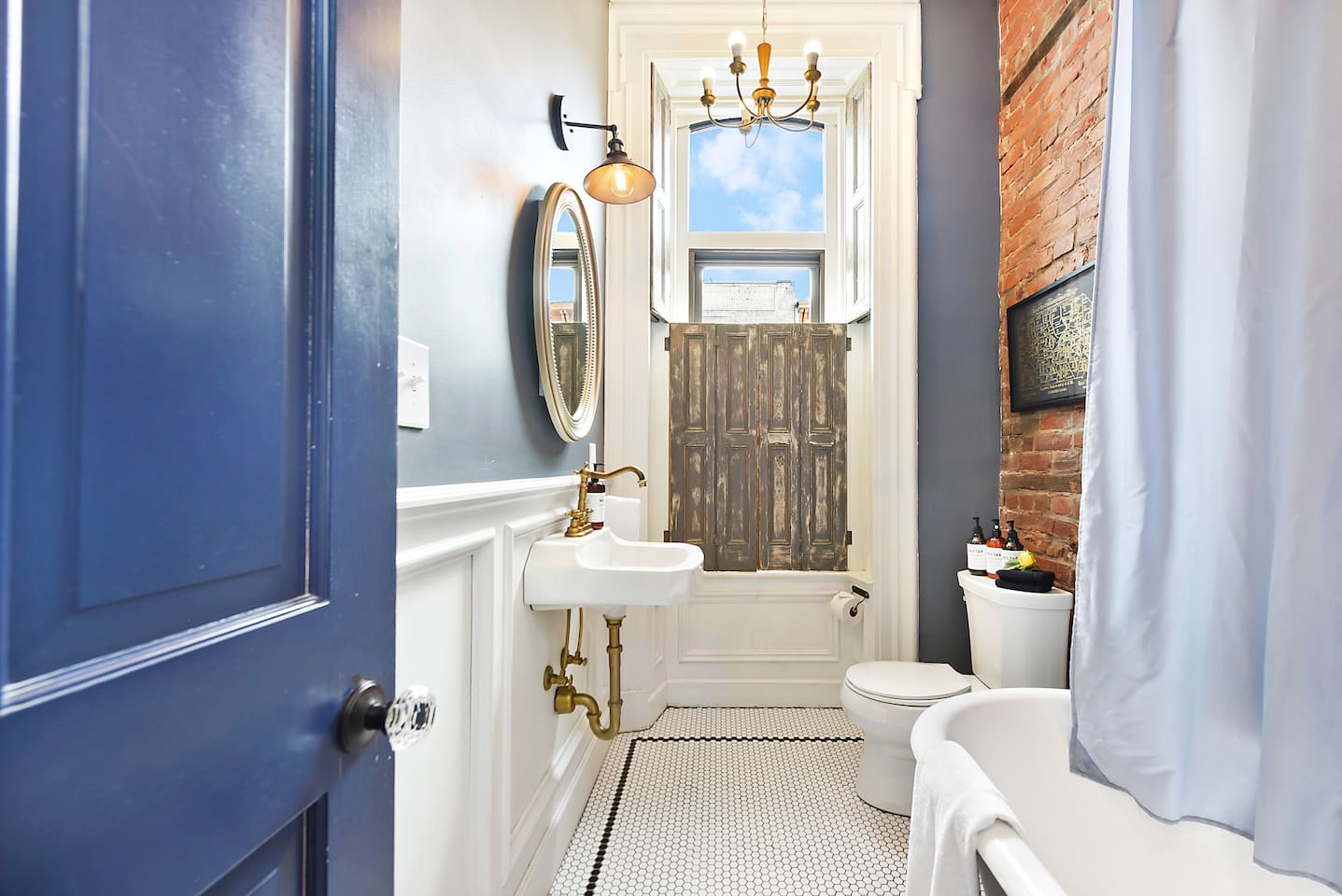 Stylish and unique bathroom featuring a relaxing bathtub — perfect for unwinding.