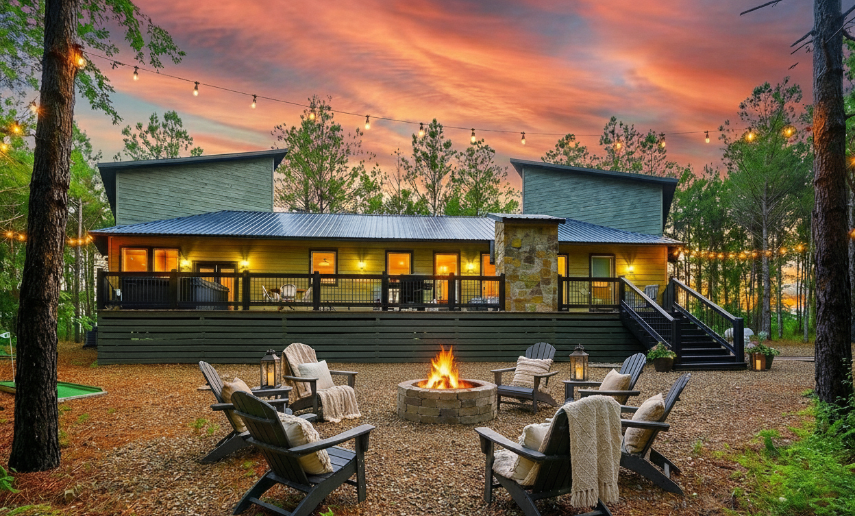 The back yard is massive - featuring string lights, a fire pit, and in the following pictures you'll see mini golf.