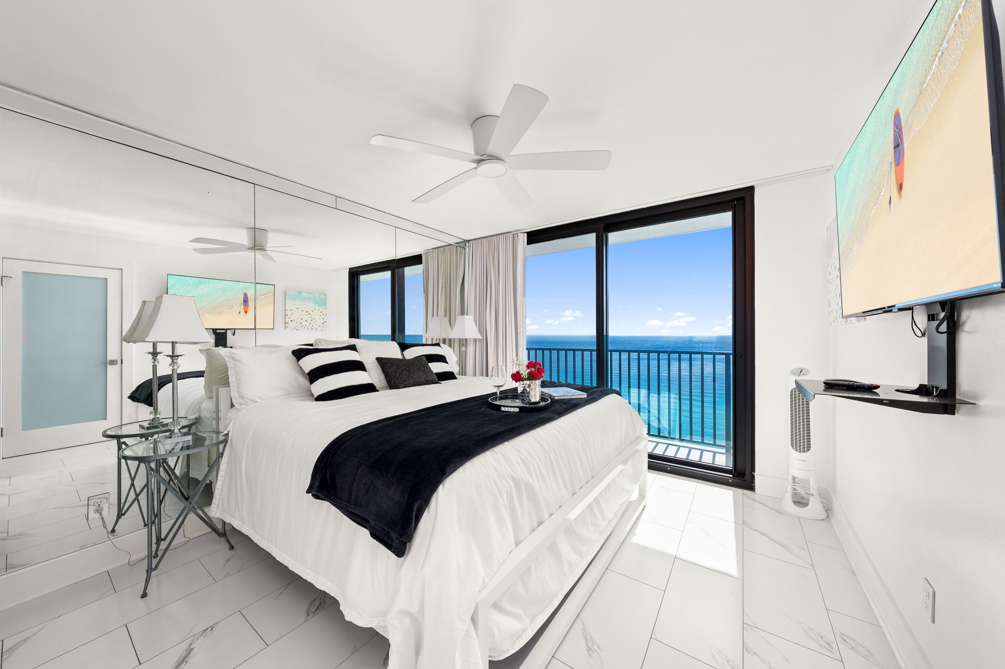 Plush bedding, peaceful mornings, and endless emerald views this is how beach days begin.
