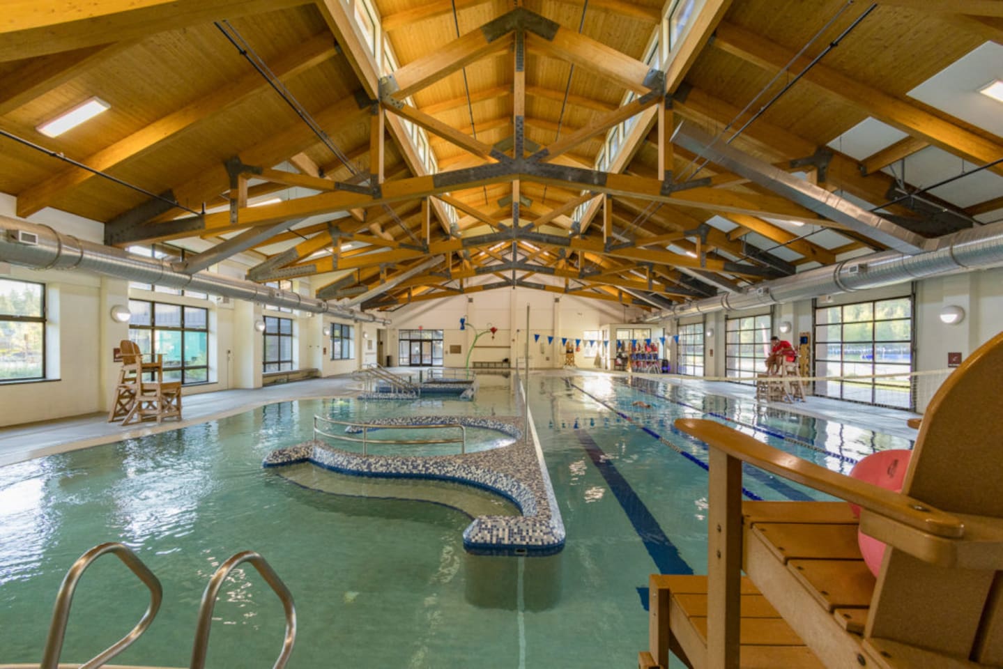 For the winter, there is an indoor pool as well with a fun basketball hoop, volleyball court, lap swimming options, a zero entry splash area, and a small slide (<48").