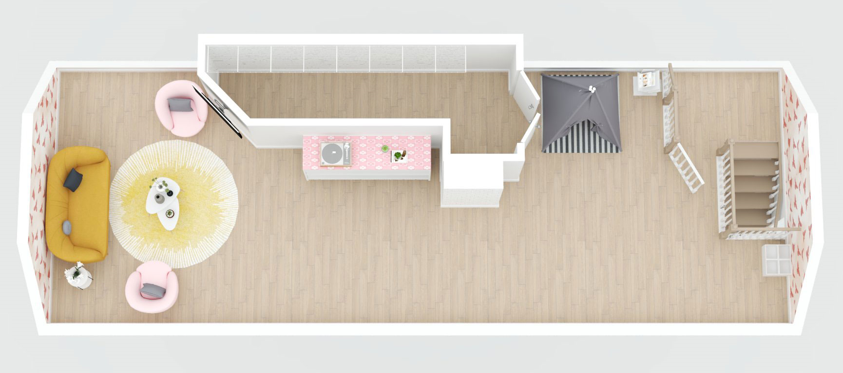 The theme room in the attic is approximately 500 sq ft and includes a third living room area, reading nook, and yoga area
