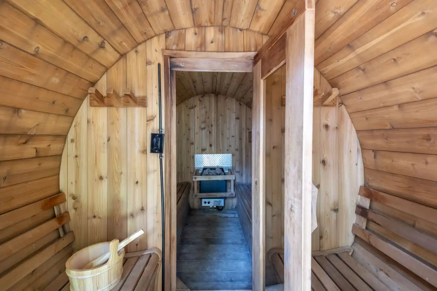 Interior hallway with warm natural wood finishes