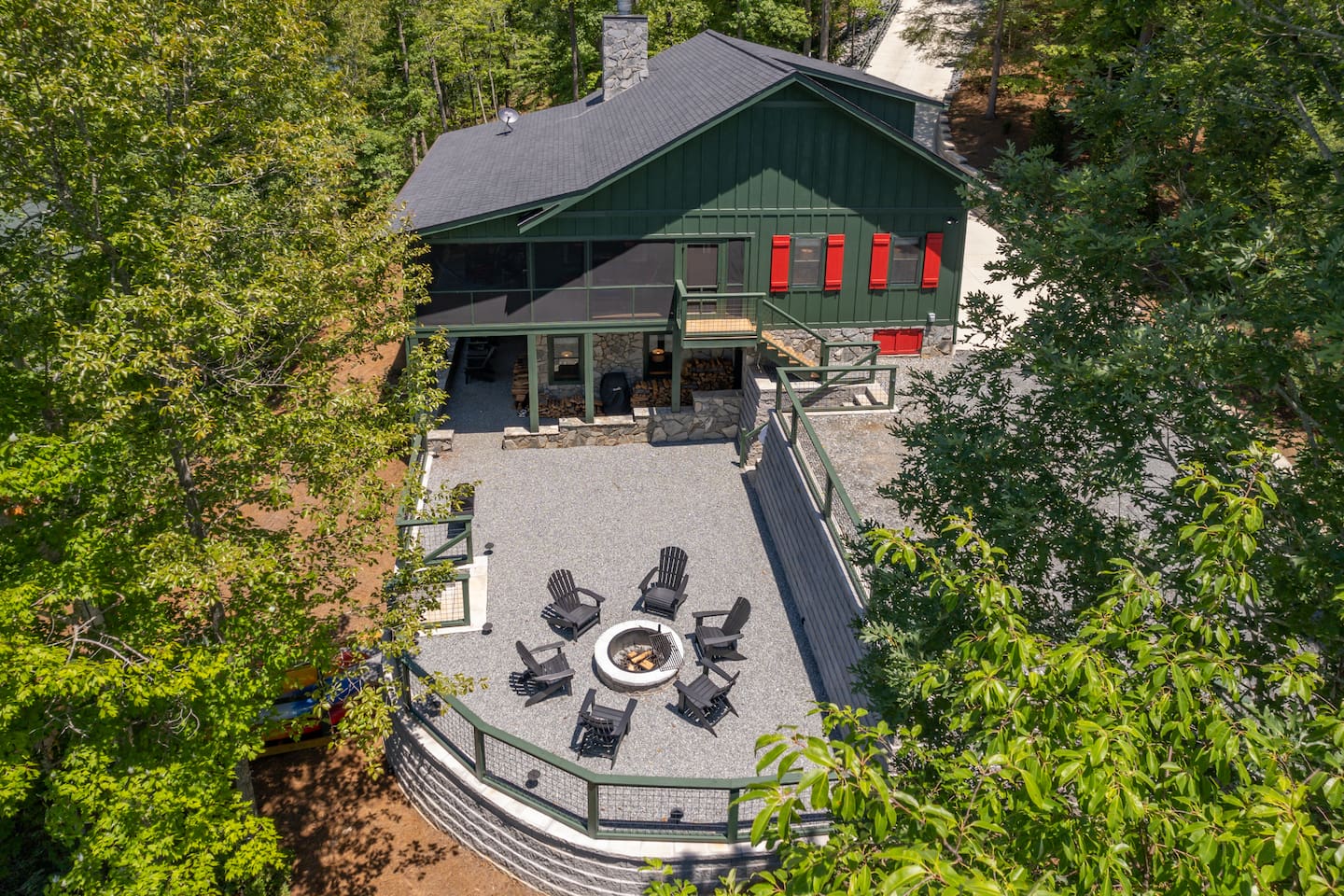 Drone Picture of the lake house with firepit