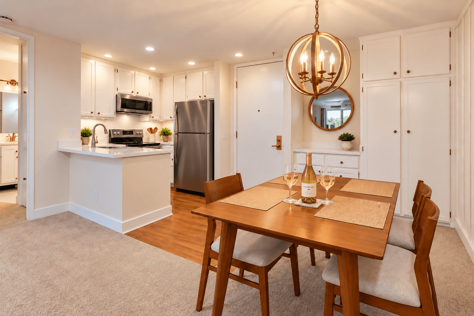 Teak dining set, stainless-steel appliances, Kuerig coffee Maker 