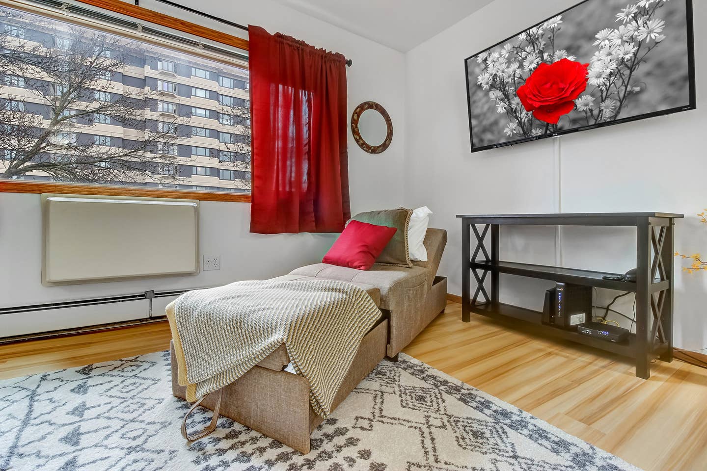 Comfy chair pulls out into twin sized sleeping option.