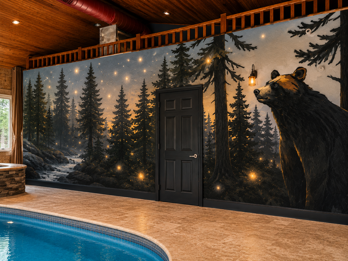 {Indoor Pool House} A closer look at the hand-painted woodland mural wrapping our private pool house—complete with glowing fireflies, towering pines, and one very curious bear.