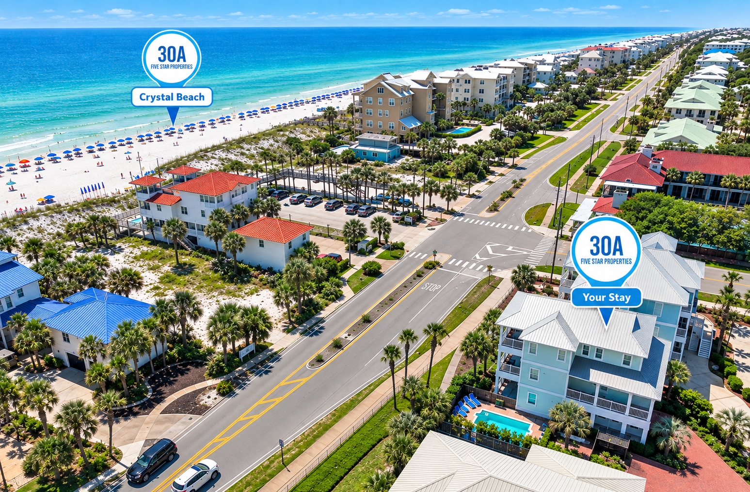 Crystal Beach just steps away, with your 30A vacation home perfectly positioned nearby. 🌊🏡