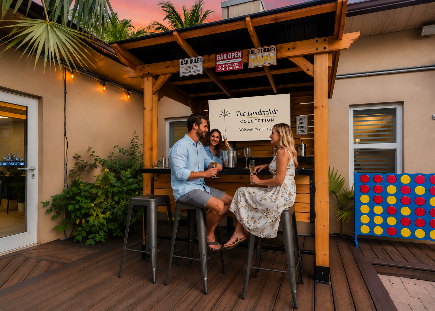Step into your private entertainment oasis 🍹 — an inviting outdoor bar with a 50” TV, warm lighting, and fun games that set the scene for relaxing and connecting.