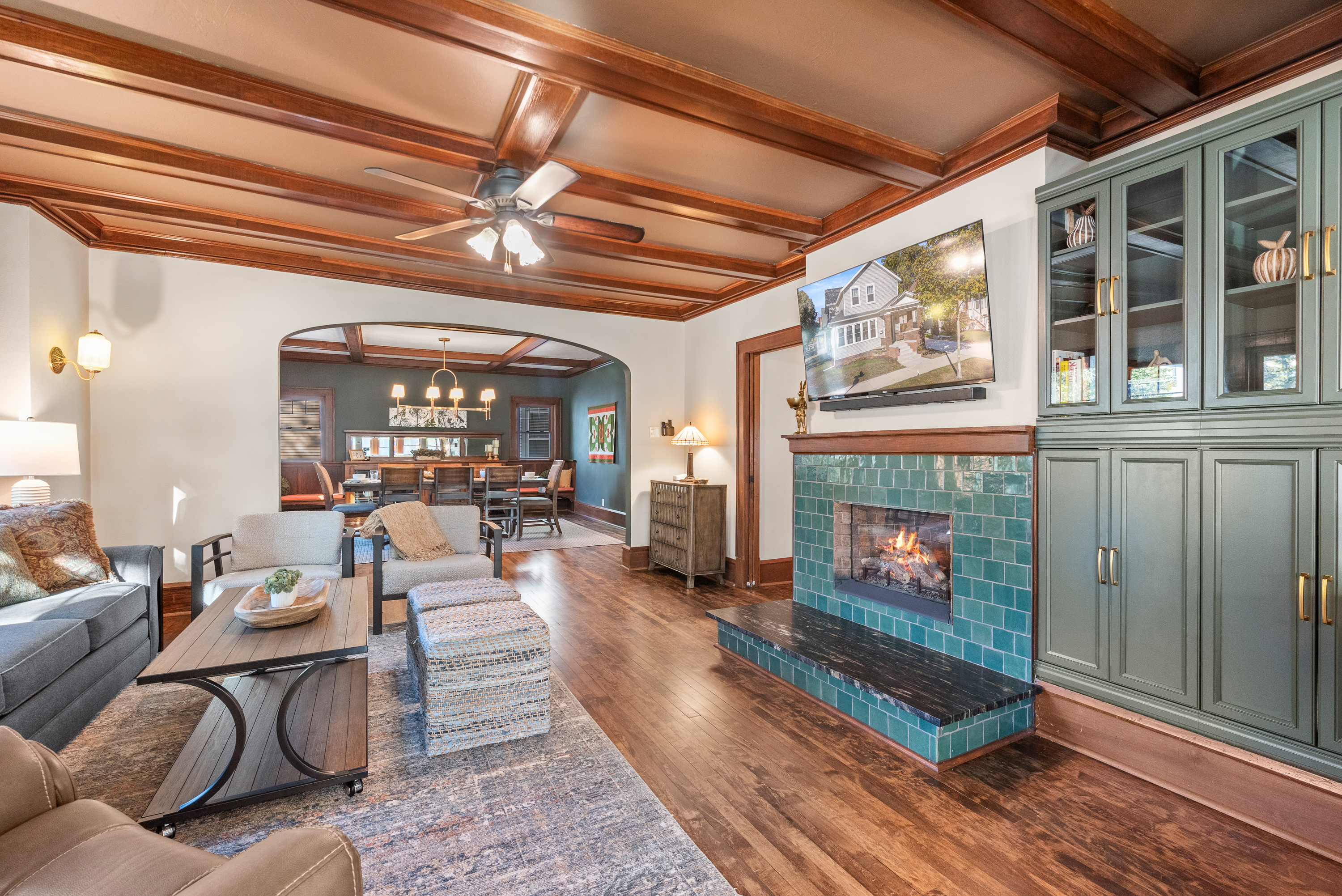 Beautiful lake inspired tile fireplace.