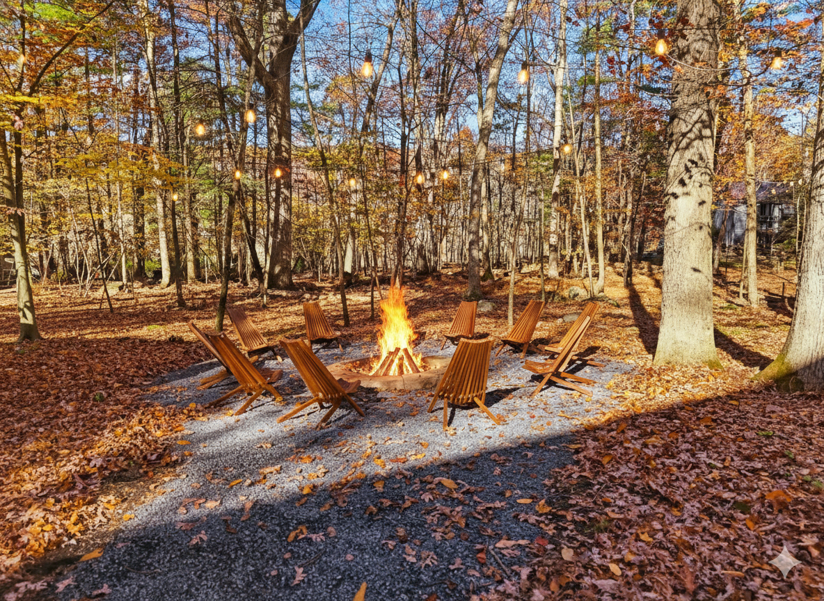 Firepit and string lights