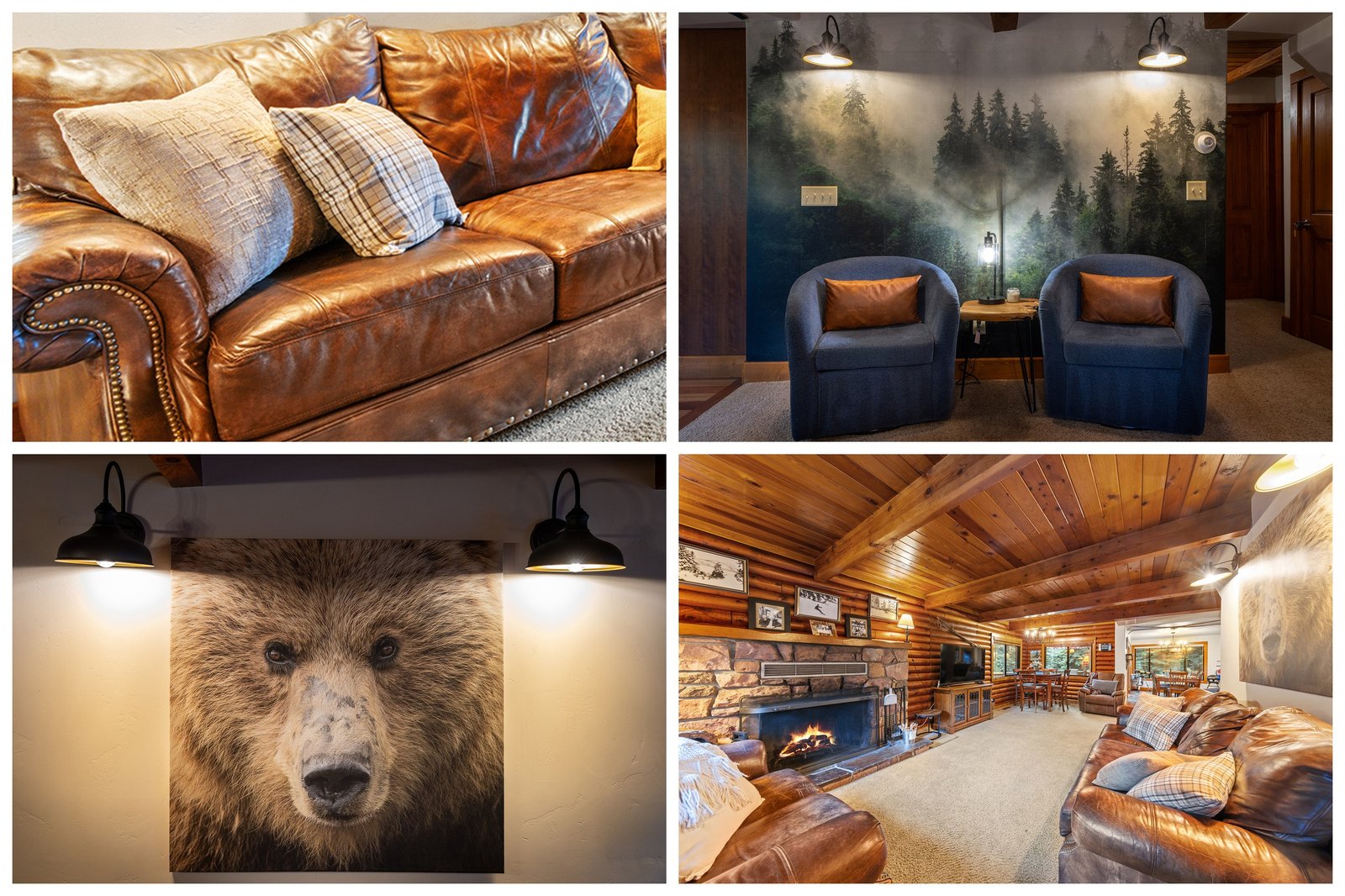 Sink into the leather sofa under the forest mural and the bear — pillows piled high, the room built for landing after a long day out.