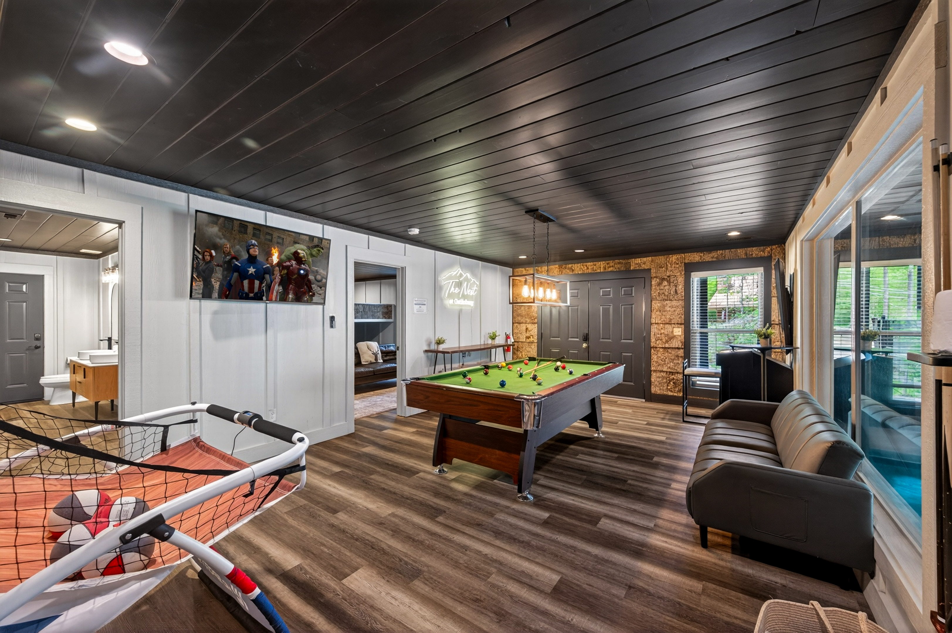 Pool table, video games and basketball.