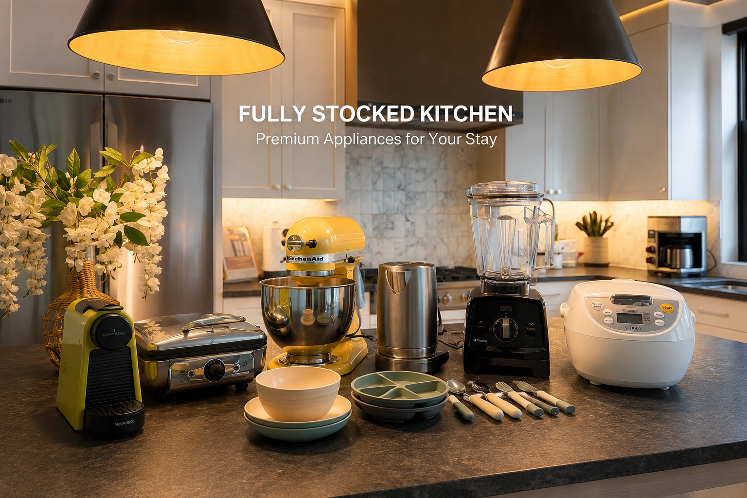 Premium appliances, fully stocked kitchen for your stay