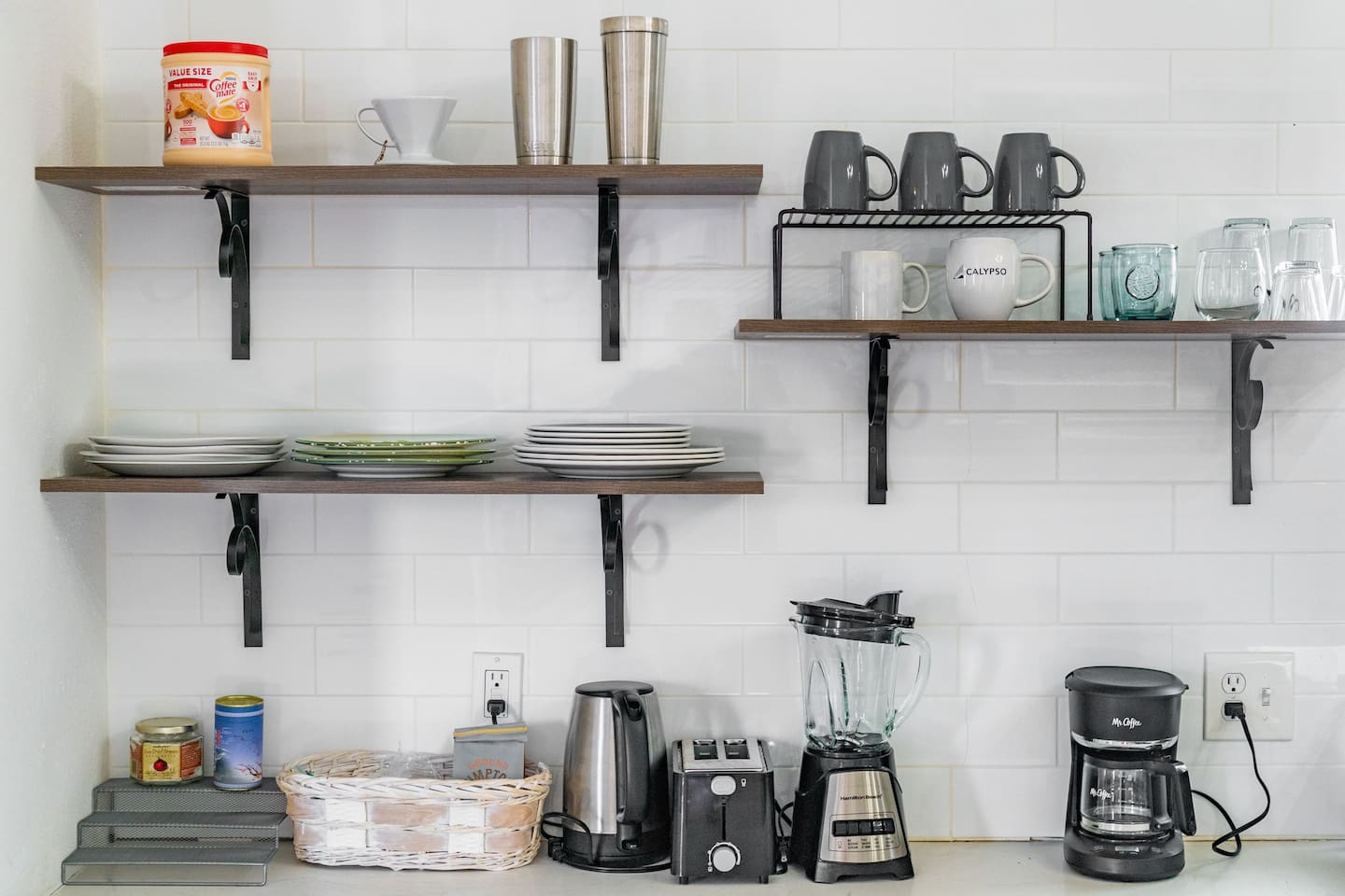 Various kitchen needs for your stay. Glasses and cups for your drinks plates and platters for your food.