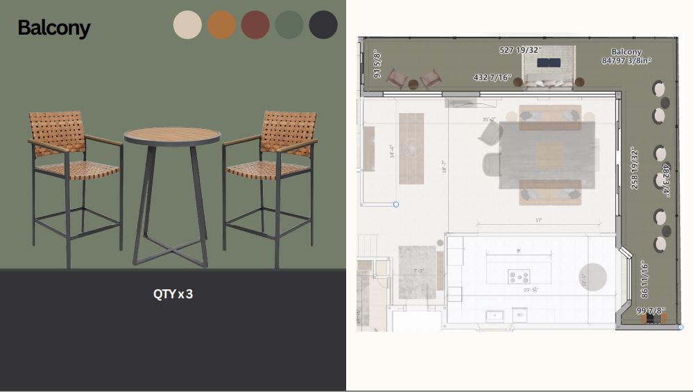 Balcony with bar-height seating and open layout for outdoor gatherings.