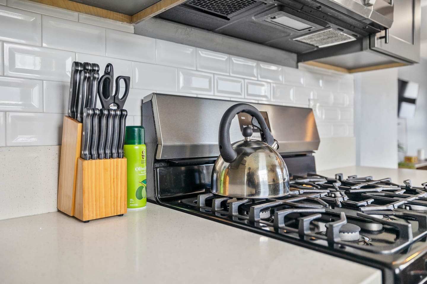 Functional kitchen featuring a sharp knife set in stylish storage and a modern stove, creating a setup for cooking enthusiasts. This organized and sleek layout makes meal prep efficient and enjoyable, adding to the kitchen's charm and convenience.