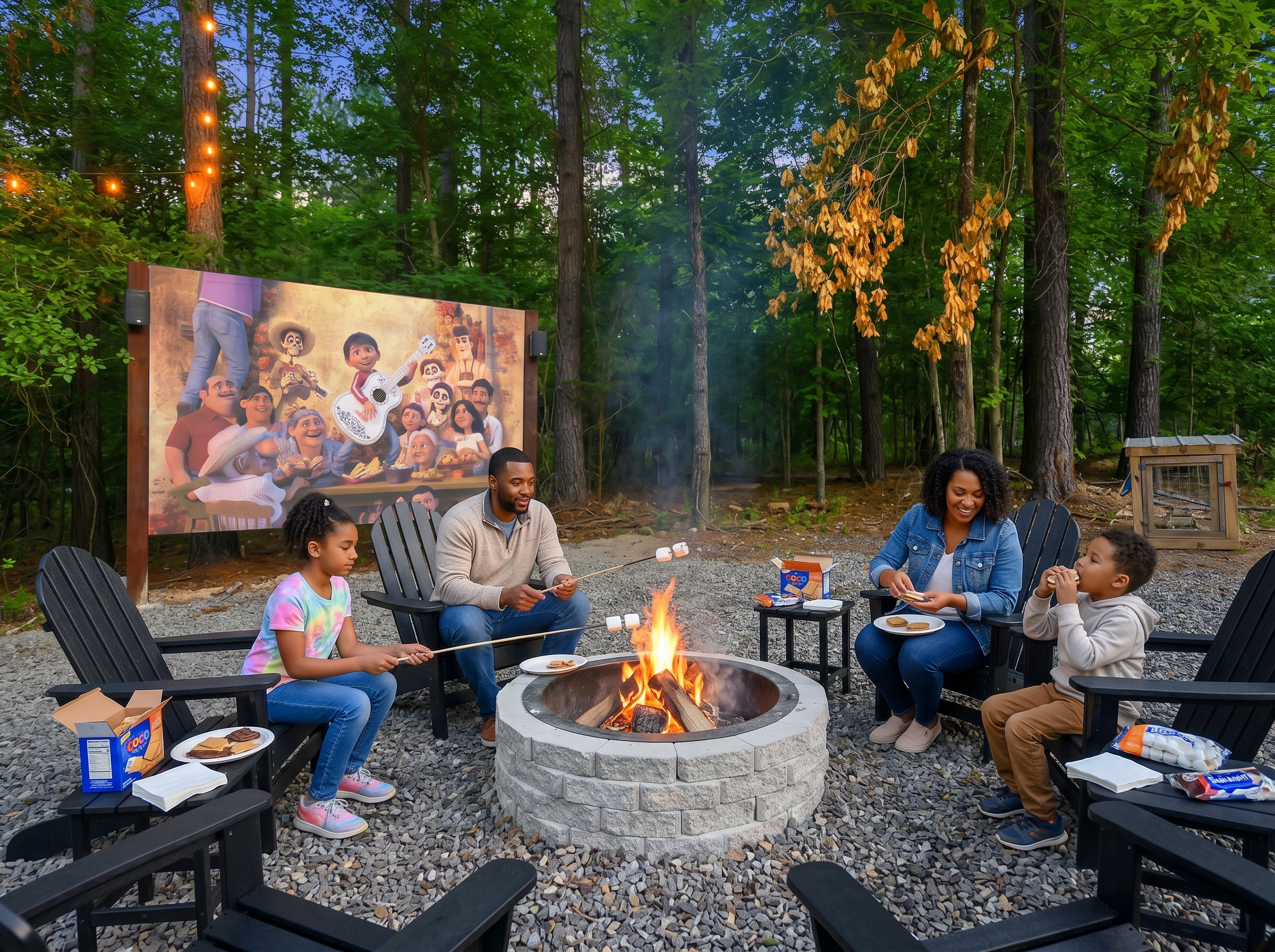 S’mores taste better under the pines. Roast, laugh, and linger by the fire with an outdoor movie playing in the background.
