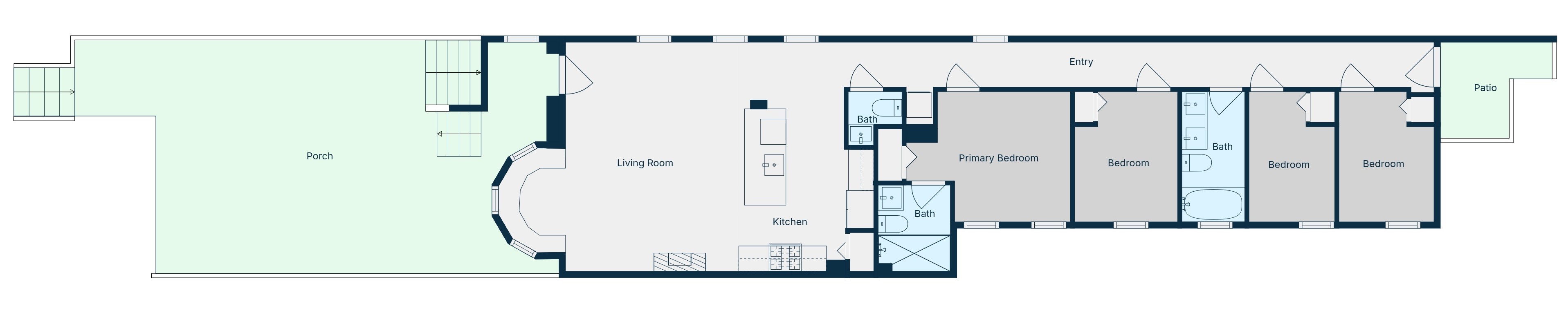 The lower level (Unit B) is approximately 1,300 sq ft total (interior) and has 4 bedrooms and 2.5 bathrooms, along with a shared front patio area and rear patio area on the exterior