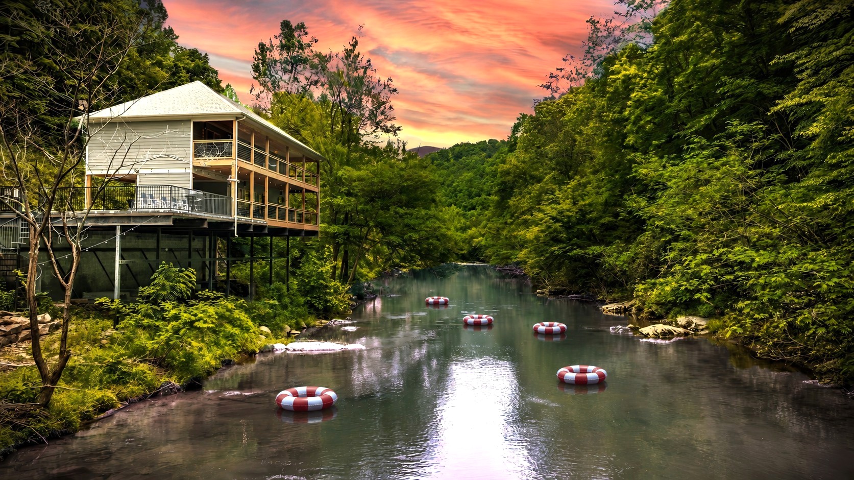 Welcome to "Take Me to the River" Cabin. Perched right above the famous "Little Pigeon" River in Gatlinburg. Spend your day on the deck overlooking the river + watch wildlife pass through the trees. TUBES/FLOATS ARE NOT PROVIDED. NO LIFEGUARD ON DUTY. 