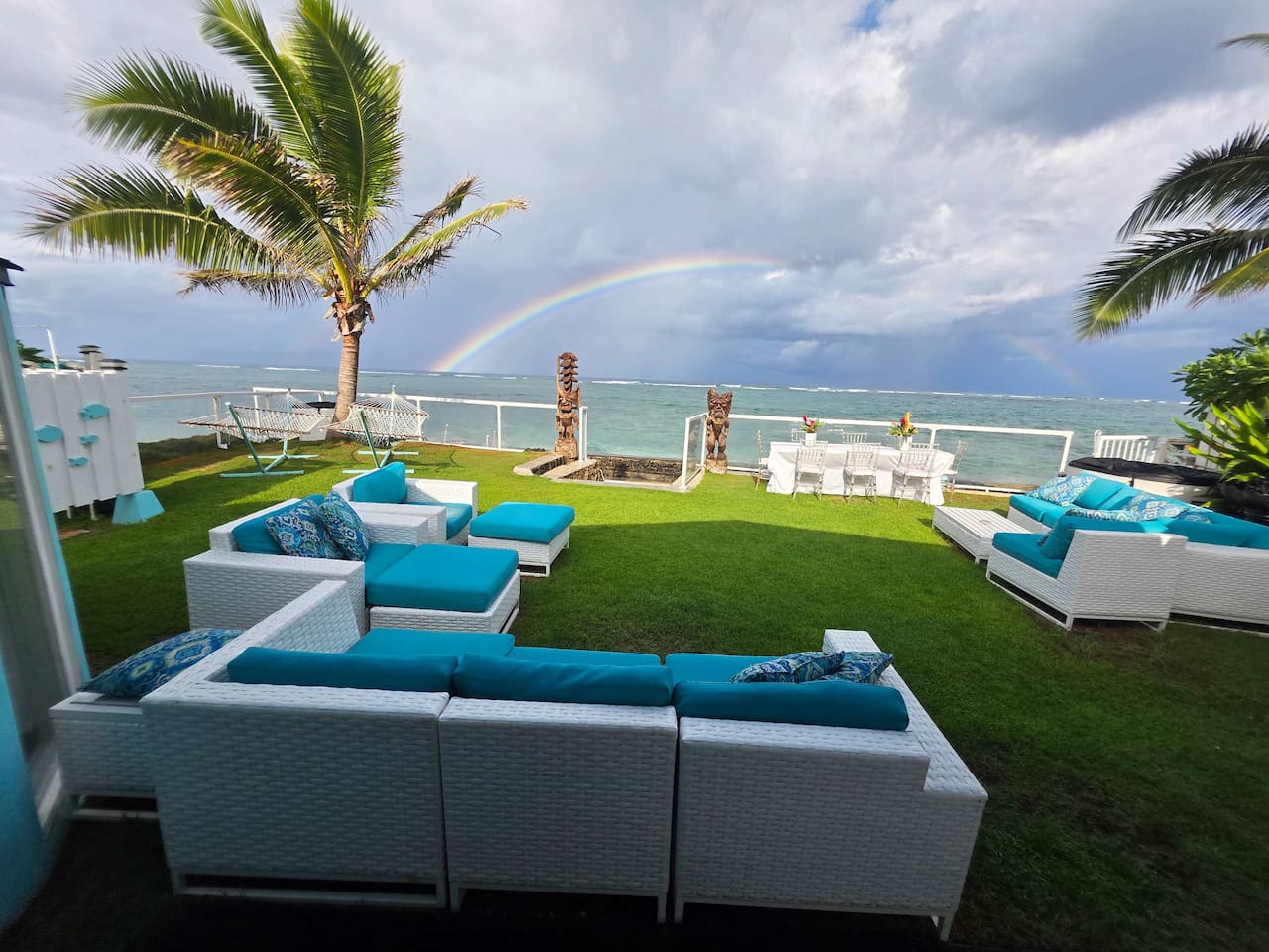 A breathtaking ethereal  rainbow over the ocean right in front of the home that is a rare occurrence to happen right over the ocean. This kind of an etherral rainbow happens for some reason a lot right in front of this etherral home.